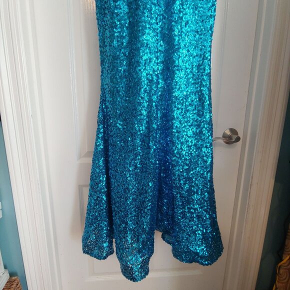 Morgan & Co Aqua Marine Mermaid Prom Formal Sequin Sparkly Gown Mesh Dress 11 - Picture 12 of 14